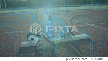 Image of digital data processing overwater bottle by starting block on racing track Image of digital data processing overwater bottle by starting block on racing track 90488040