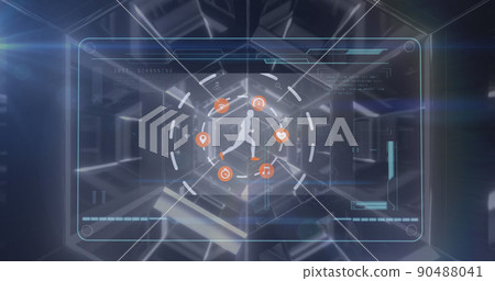 Image of icons and scanner processing data over digital athlete running Image of icons and scanner processing data over digital athlete running 90488041