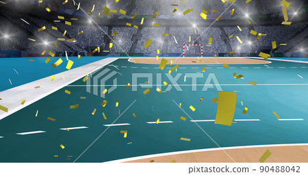 Digital image of golden confetti falling against soccer stadium in background Digital image of golden confetti falling against soccer stadium in background 90488042