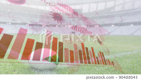 Coronavirus digital interface against rugby ball in sports stadium Coronavirus digital interface against rugby ball in sports stadium 90488043