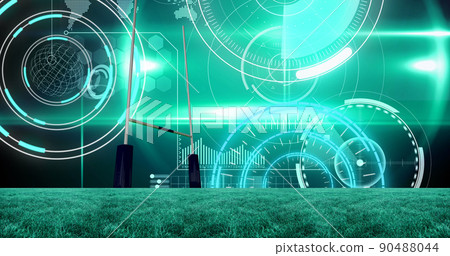 Image of scopes scanning and data processing over sports stadium 90488044
