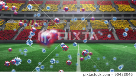 Image of covid 19 cells over spanish flag in empty sports stadium Image of covid 19 cells over spanish flag in empty sports stadium 90488046