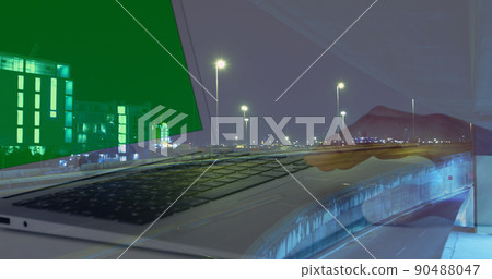 Image of hands of woman using laptop with green screen over sped up traffic in city at night Image of hands of woman using laptop with green screen over sped up traffic in city at night 90488047