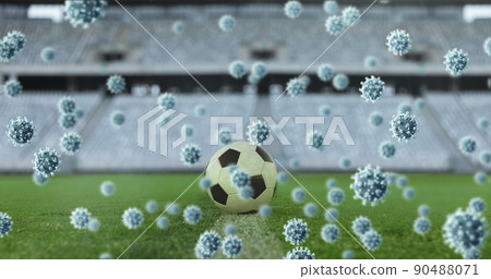 Covid-19 cells against soccer ball in sports stadium 90488071