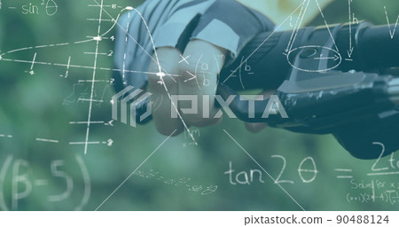 Mathematical equations and diagrams against person holding handlebars of his cycle Mathematical equations and diagrams against person holding handlebars of his cycle 90488124