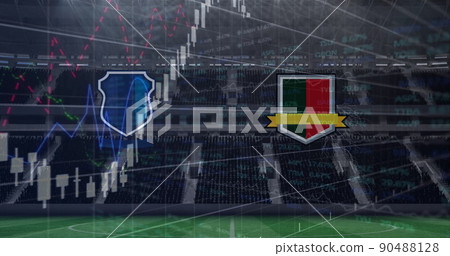 Image of team emblems with graphs and data processing over sports stadium 90488128
