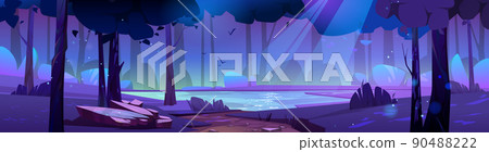 Summer forest landscape with lake at night Summer forest landscape with lake at night 90488222
