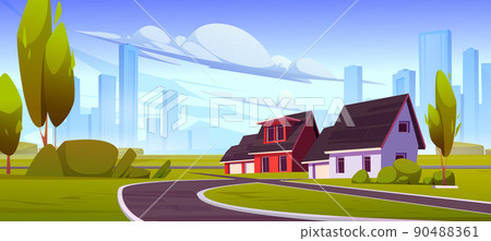 Suburb district with houses, road in summer 90488361