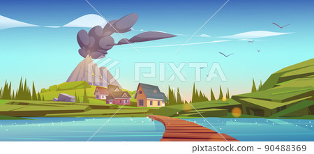 Houses and volcano with black smoke clouds 90488369