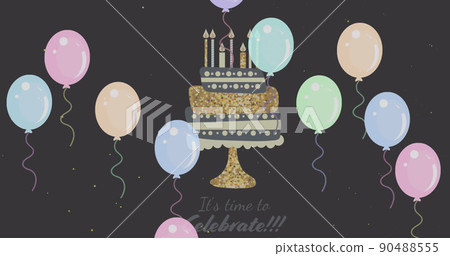 Image of birthday cake with lit candles and party balloons on black background Image of birthday cake with lit candles and party balloons on black background 90488555