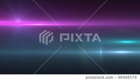Image of pink spotlight with lens flare and light beams moving over dark background Image of pink spotlight with lens flare and light beams moving over dark background 90488579