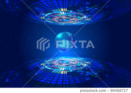 Abstract colorful mosaic flying saucer blue tech holographic world map 90488727