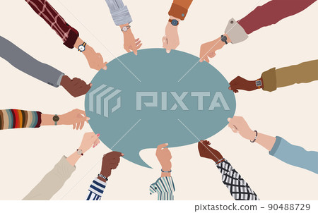 Agreement or affair between a group of colleagues or collaborators.Arms and hands holding speech bubble.Diversity People who exchange information.Community.Concept of sharing and exchange 90488729