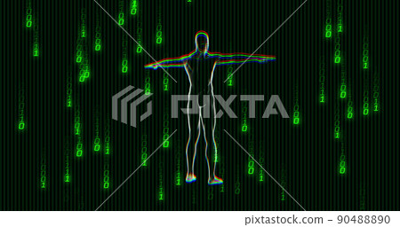Image of green binary coding data processing over human body spinning on black background Image of green binary coding data processing over human body spinning on black background 90488890