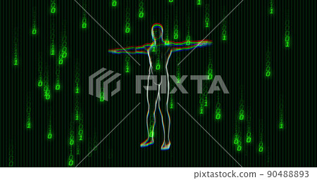 Image of green binary coding data processing over human body spinning on black background Image of green binary coding data processing over human body spinning on black background 90488893