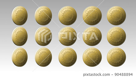 Image of rows of golden nft coins spinning on grey background 90488894
