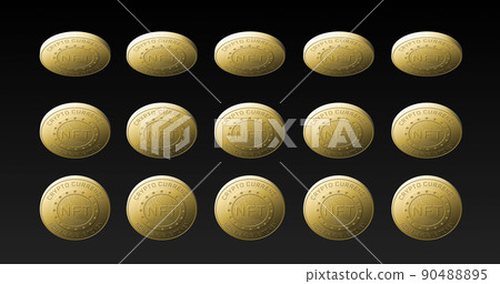 Image of rows of golden nft coins spinning on black background Image of rows of golden nft coins spinning on black background 90488895
