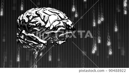 Image of binary coding data processing with spinning human brain over black background 90488922