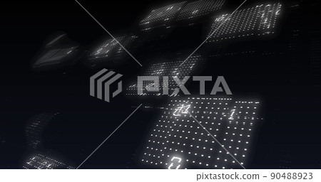 Image of binary coding data processing over screens on black background Image of binary coding data processing over screens on black background 90488923
