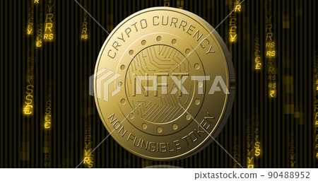 Image of golden nft coin spinning over currency symbols on black background 90488952