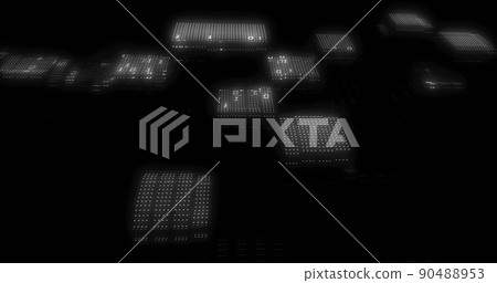 Image of binary coding data processing over screens on black background Image of binary coding data processing over screens on black background 90488953