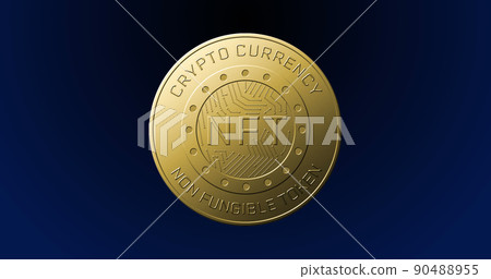 Image of golden nft coin spinning on blue background 90488955