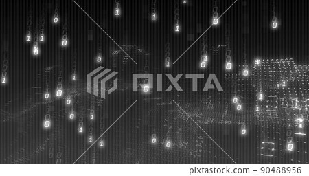 Image of binary coding data processing over waving on black background 90488956