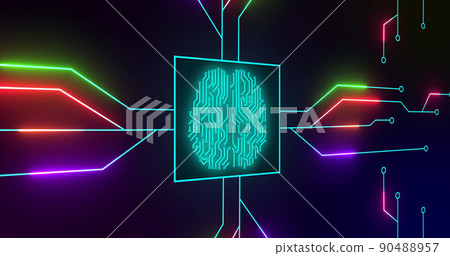 Image of green glowing human brain with computer mother board circuit over black background Image of green glowing human brain with computer mother board circuit over black background 90488957