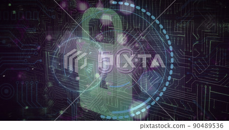 Image of 5g text data processing, online security padlock and circuit board 90489536