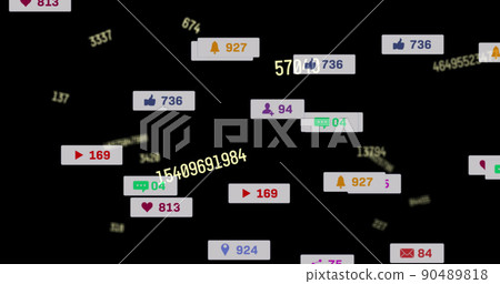 Image of social media icons floating over changing numbers on black background 90489818