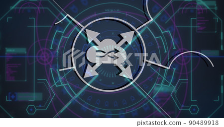 Digital image of network of digital icons against round scanner on blue background 90489918