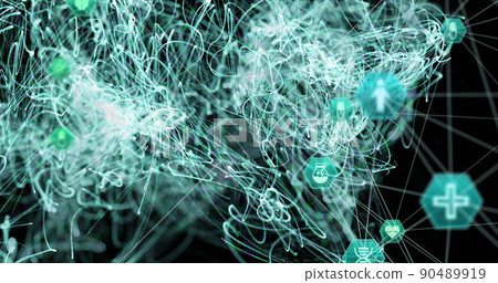 Image of network of medical icons spinning over black background Image of network of medical icons spinning over black background 90489919