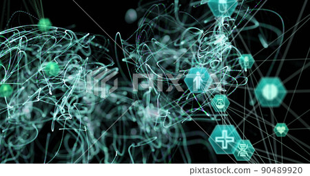 Image of network of medical icons spinning over black background Image of network of medical icons spinning over black background 90489920