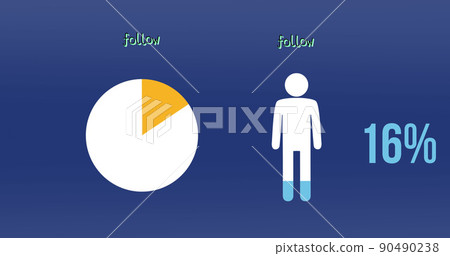 Image of follow text, man pictogram and pie chart with percent growing on blue background 90490238