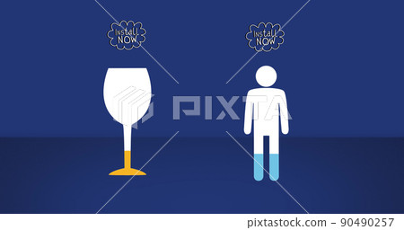 Image of install now text, wine glass and man pictogram with percent growing on blue background Image of install now text, wine glass and man pictogram with percent growing on blue background 90490257