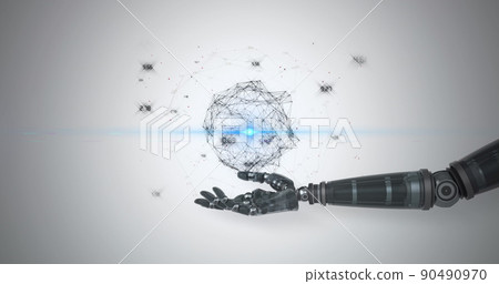 Image of network of processing data over hand of robot arm, with blue light on grey background 90490970