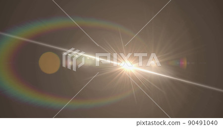 Image of white light with beam and prismatic lens flare on grey background 90491040