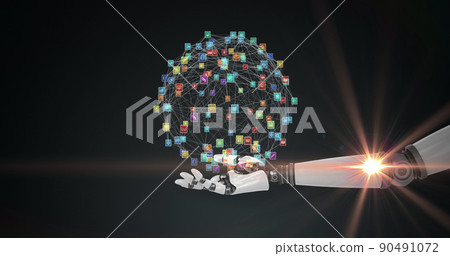 Image of network of media icons over hand of robot arm, with moving light on dark background Image of network of media icons over hand of robot arm, with moving light on dark background 90491072