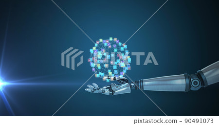 Image of network of media icons over hand of robot arm, with moving light on blue background Image of network of media icons over hand of robot arm, with moving light on blue background 90491073