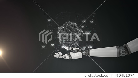 Image of network of processing data over hand of robot arm, on black background Image of network of processing data over hand of robot arm, on black background 90491074