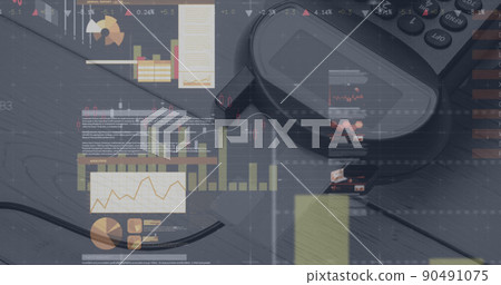 Image of graphs and financial data over payment terminal Image of graphs and financial data over payment terminal 90491075