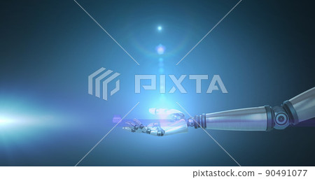 Image of blue light flare over hand of extended robot arm on blue background Image of blue light flare over hand of extended robot arm on blue background 90491077