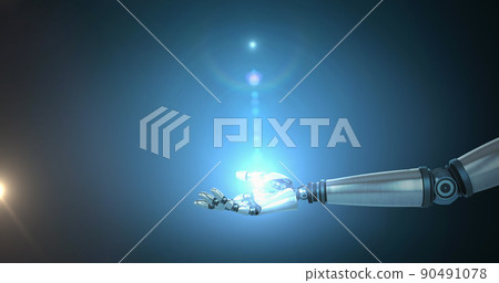 Image of blue light with lens flare over hand of robot arm, on blue background Image of blue light with lens flare over hand of robot arm, on blue background 90491078