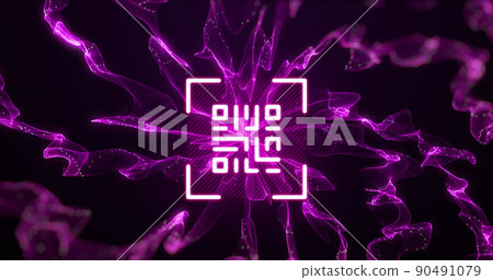 Image of white qr code over explosion of purple light trails 90491079