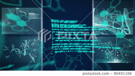 Digital image of multiple screens with medical data processing against blue background Digital image of multiple screens with medical data processing against blue background 90491106