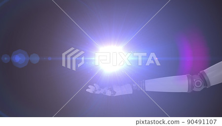 Image of network of people and glowing light over hand of robot arm on purple background Image of network of people and glowing light over hand of robot arm on purple background 90491107