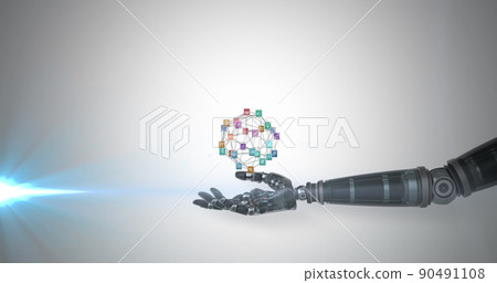 Image of network of media icons over hand of robot arm, with moving light on grey background Image of network of media icons over hand of robot arm, with moving light on grey background 90491108