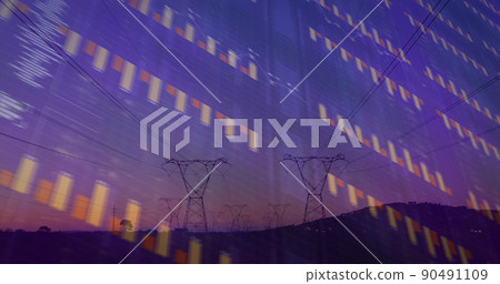 Image of financial data processing over electricity pylons and landscape Image of financial data processing over electricity pylons and landscape 90491109