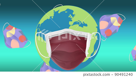 Image of falling face masks over globe wearing face mask Image of falling face masks over globe wearing face mask 90491240