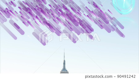 Image of moving clock and purple lines over cityscape Image of moving clock and purple lines over cityscape 90491242